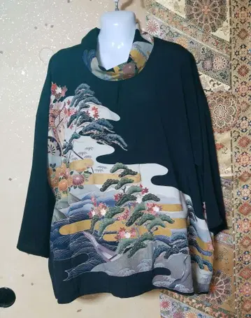 기모노 리메이크 블랙 전통 예복 기모노 어가 풍경화 튜닉