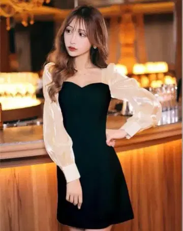 블랙 드레스 우라니시 히카루 A라인 데이지 시어 긴팔 드레스