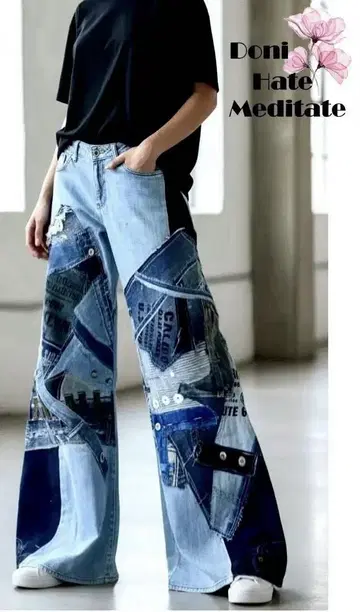 2WAY 패치워크 플레어 팬츠 영문 패턴 천연 가죽 서스펜더