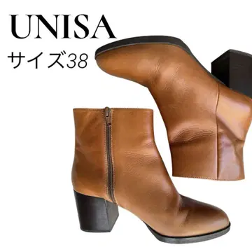 유니사 천연 가죽 숏부츠 카멜 브라운 청키힐 가죽