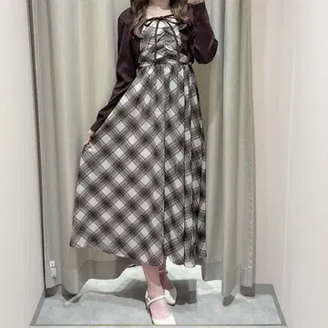 [ 새상품 ] 볼레로 세트 체크 쉬폰 원피스 브라운 AnMILLE