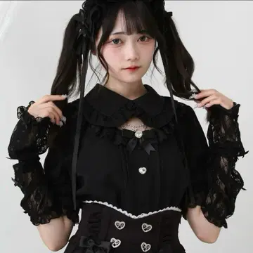 DearMyLove 비쥬 펄 하트 리본 레이스 암커버 블라우스
