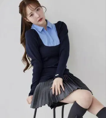 네이비 스웨터 셔츠 레이어드 스타일 셋업