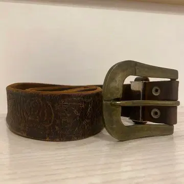 빈티지 브라운 가죽 벨트 놋쇠 버클 손 조각 포함