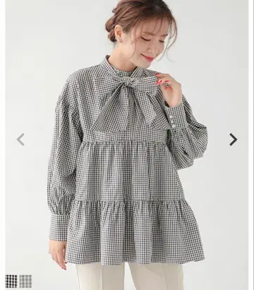 fitmore 리본 타이 체크 무늬 티어드 긴팔 블라우스