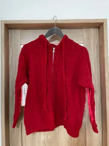 빨간색 후드 부착 집업 스웨터 가디건 여성용 가을/겨울 케이블 짜임