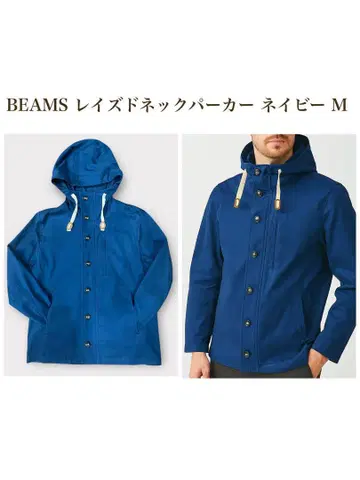 BEAMS 레이즈드 넥 후드티 네이비 M