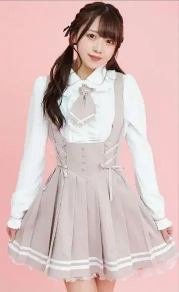 시크릿허니 레이스업 플리츠 점퍼 드레스 핑크