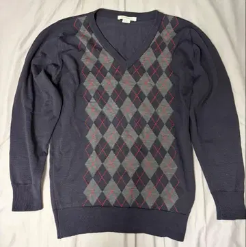 존스메들리 울 네이비 V넥 아가일 스웨터