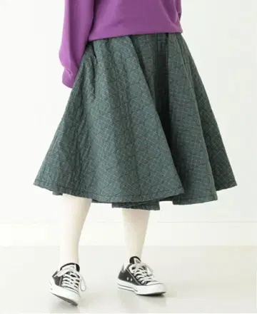 BEAMSBOY 퀼팅 그린 체크 플레어 스커트