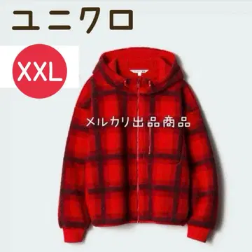 유니클로 JW 앤더슨 보아 플리스 프린트 후드티 체크 무늬 XXL 빨간색