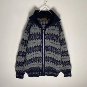 로트레아몽 노르딕 무늬 후드 부착 풀 집업 니트 두꺼운 원단 후드티 F