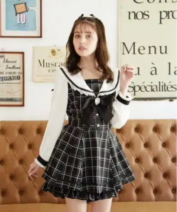 LIZLISA 세일러 카라 셋업 체크 무늬