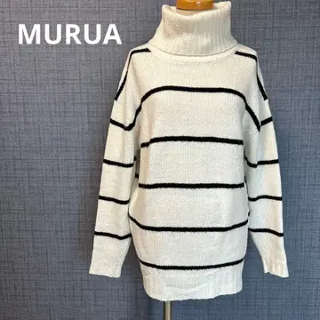 MURUA 무루아 하이넥 터틀넥 롱 기장 보더 니트 화이트 블랙