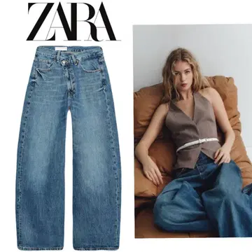 택 포함 새상품급 ZARA TRF 배기 크로스 허리 미드 라이즈 청바지
