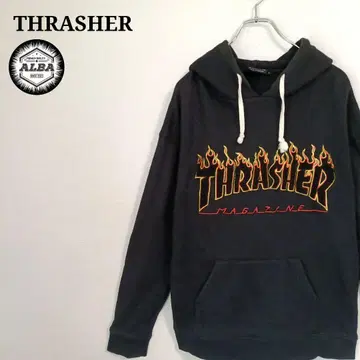 THRASHER 트레셔 후드티 파이어 로고 자수 블랙 M