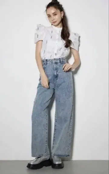 리엔다 라이트 블루 와이드 레그 데님 팬츠
