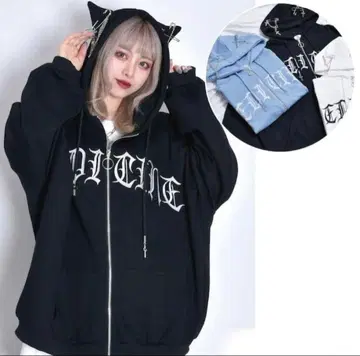 볼칸 고양이 귀 달린 오버사이즈 후드티 블랙