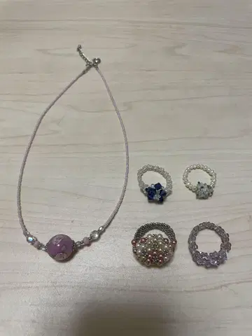 핸드메이드 비즈 목걸이 & 반지 5세트
