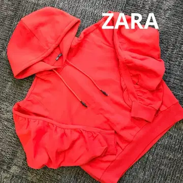 ZARA 자라 프릴 소매 빨간색 후드 부착 후드티 L