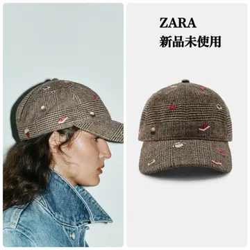 ZARA 울 혼방 체크 무늬 자수 캡 택 포함 새상품