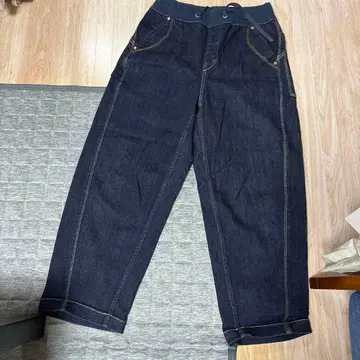 다크 네이비 와이드 데님 팬츠 허리밴딩