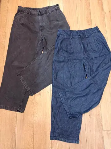 지유 데님 투 턱 배기 슬랙스 2세트 그레이 블루