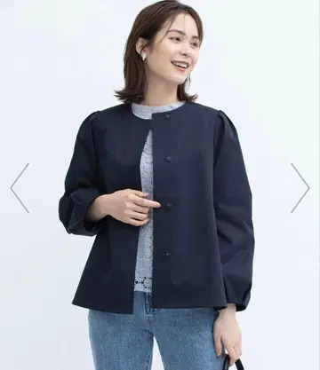 쿠미쿄쿠 코튼라이크 트윌 노카라 숏 기장 코트 네이비