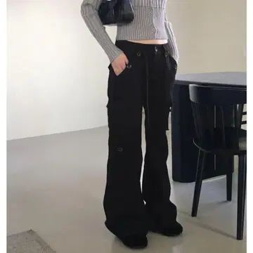 90S 빈티지 카고 팬츠 플레어 한국 Y2K 여성용 블랙 택