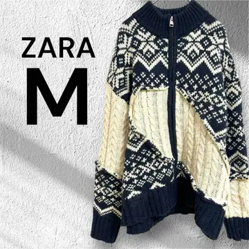 ZARA 자라 니트 스웨터 긴팔 풀 집업 노르딕 무늬 M 울
