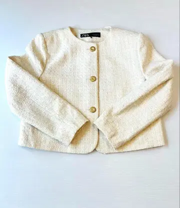 [새상품급] ZARA 자라 노카라 트위드 골드 버튼 자켓 화이트 M