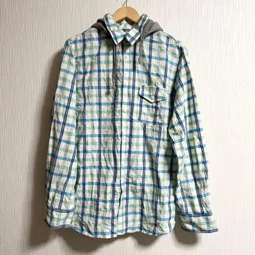 90s 오션 퍼시픽 백 로고 자수 체크 셔츠 후드 부착