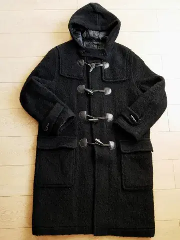 여성용 블랙 더플 코트 후드 부착