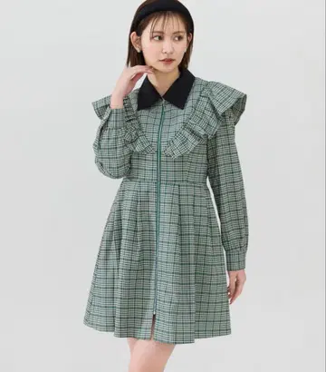 [ 미사용 새상품 ] 체크 프론트 지퍼 프릴 미니 셔츠 원피스