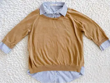 merrier beams 레이어드 스타일 니트 스웨터 스트라이프 카멜