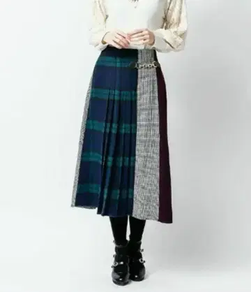 axes femme 절개 미디 스커트 플리츠 타탄 체크 글렌 기모