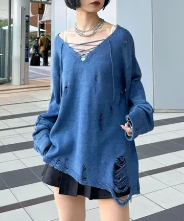 [ 택 포함 새상품 ] PAGEBOY 레이스 UP 데미지 니트