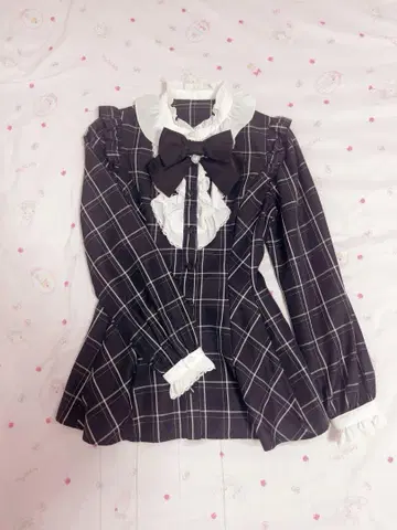 시크릿 허니 액세서리 리본 긴팔 셋업 (체크 블랙)