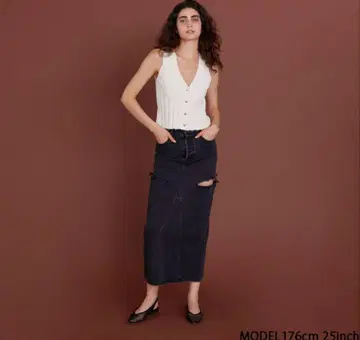 시루무린 사이드컷 Denim 롱 스커트 블랙 24