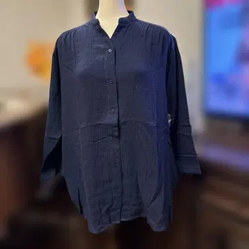 네이비 밴드 카라 긴팔 셔츠