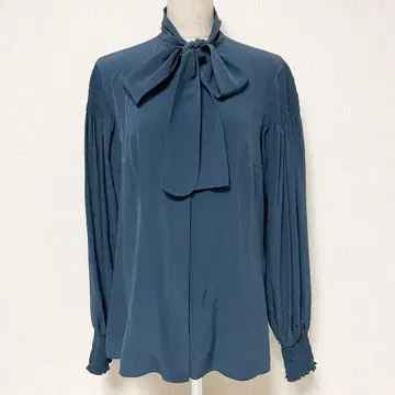 AKRIS punto 아크리스 리본 개더 실크 블라우스 M 남색