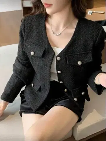 블랙 트위드풍 자켓