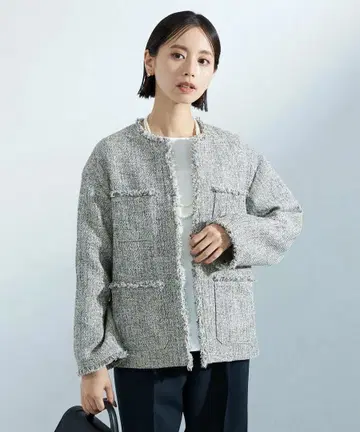 믹스 트위드 라이크 포켓 노카라 자켓