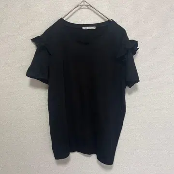 ZARA 프릴 슬리브 T셔츠 블랙 면 100%