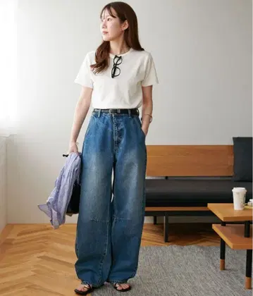 DISCOAT 빈티지 가공 데님 커브 팬츠 M 블루