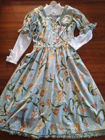 택 포함 미사용 핑크하우스 튤립 토끼 프린트 미디 원피스