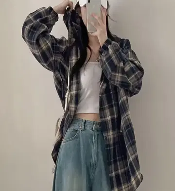 후드 부착 체크 셔츠 네이비