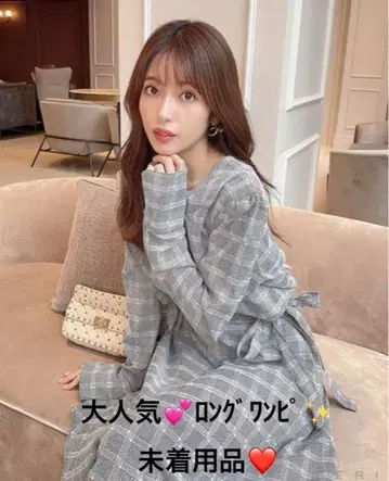 MICOAMERI 허리 더블 리본 원피스 롱 원피스 체크