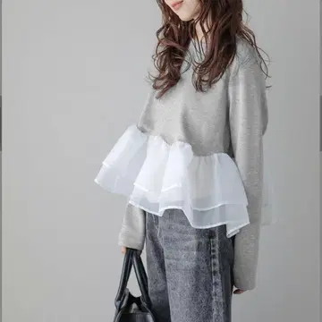 La-gemme 라지엠 시어 프릴 페플럼 긴팔 상의 그레이