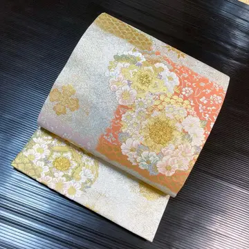 순수 실크 육통 후쿠로 오비 [꽃 문양 체크 패턴 금박 엮음]